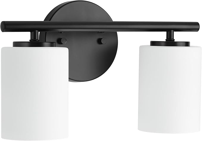 Progress Lighting 2-Light Bathroom Vanity Light, Modern Bath Lighting Fixture with Etched White Glass Shades for Over the Mirror, Reversible Mounting, Replay Collection, Textured Black