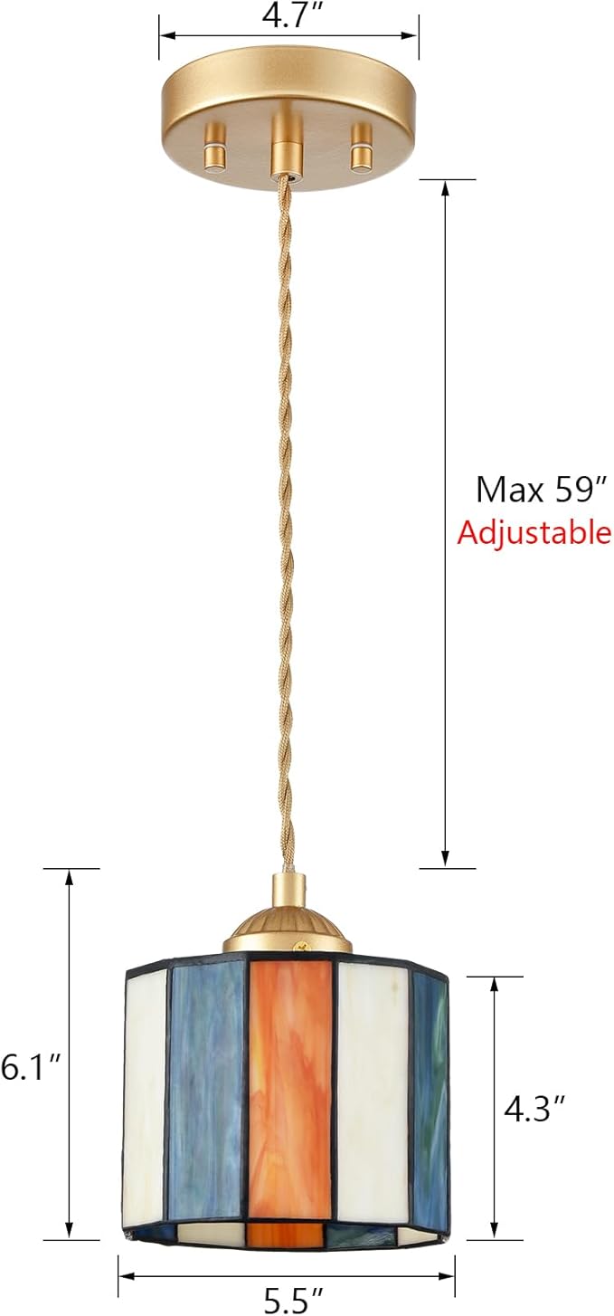 Tiffany Pendant Light Fixture 5.5-Inch Cylinder Stained Glass Pendant Lighting Vintage Tiffany Style Hanging Ceiling Light for Kitchen Island Dining Room Bar Hallway Home Office