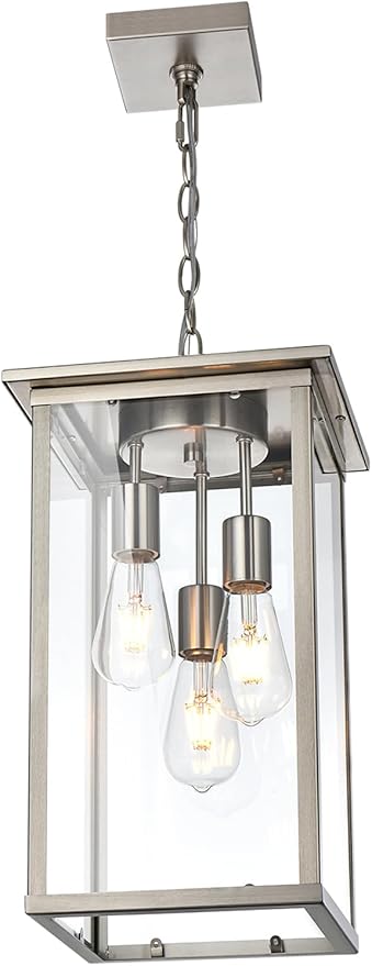 Yaohong Large Outdoor Chandelier for Porch, 3-Light Brushed Nickel Outdoor Pendant Light Fixture Rust-Resistant Metal with Clear Glass, Adjustable Exterior Pendant Light for Porch Entrance Foyer Front