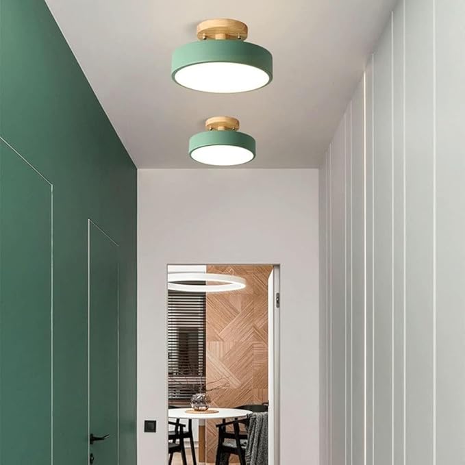 Close To Ceiling Lights Round Metal Three-Color Led Ceiling Light Minimalist Circle Wood Canopy Ceiling Lamp Semi Flush Mount Ceiling Light Fixtures for Restaurant Living Room Kitchen Entry Hallway Ba