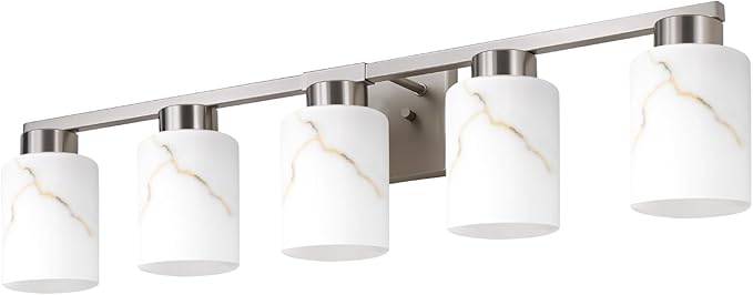 5-Light Bathroom Light Fixtures, Modern Vanity Lights, Brushed Nickel Metal Wall Lamp with White Marble Glass for Bathroom, Mirror, Living Room, Bedroom, Cabinet, Porch, Hallway, E26 Base