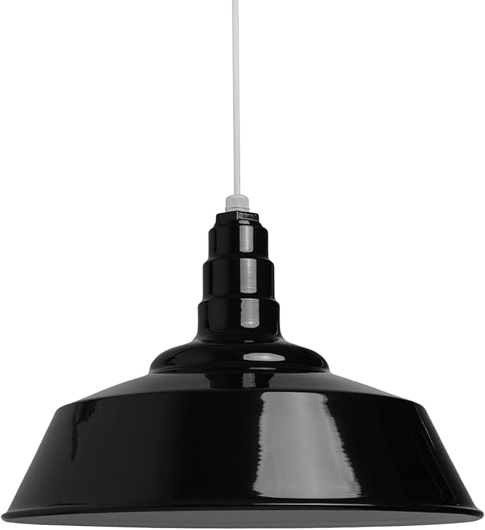 Steel Lighting Co. Manhattan Warehouse Light | Ceiling Mounted Pendant | 20 inch Dome | White Cord | Large Steel Barn Light Made in America | Black Exterior/White Interior