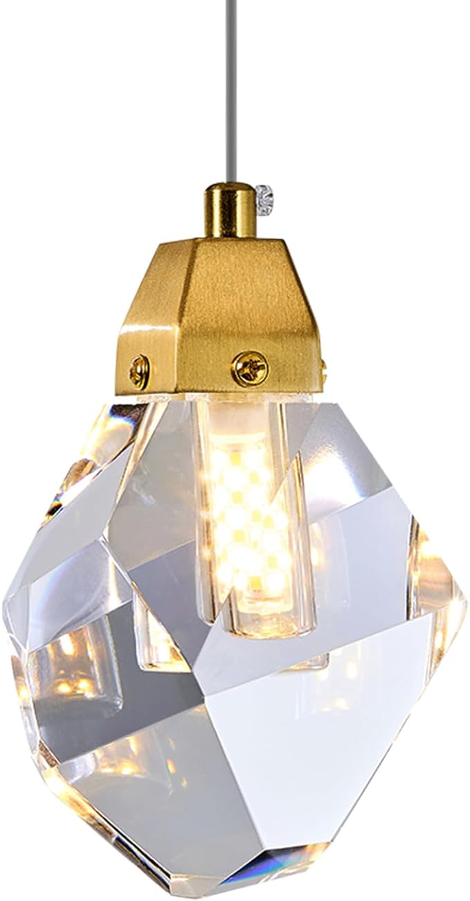 Diamond Crystal Pendant Light 3 Pack, Mini 5.5" 1-Light Hanging Ceiling Light in Gold Brushed Brass Finish with Prism Crystals and Color Changing LED for Kitchen Island, Dining Room, Bedroom, Hallway