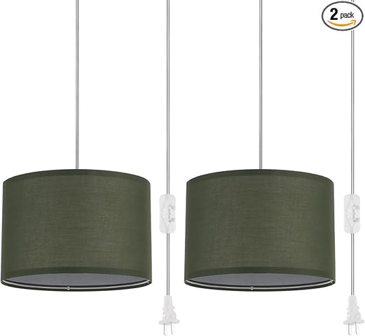 2 Pack Plug in Pendant Light, Hanging Light with 15Ft Clear Cord, On/Off Switch, Light Green Fabric Lamp Shade, Hanging Light Fixture for Bedroom, Kitchen