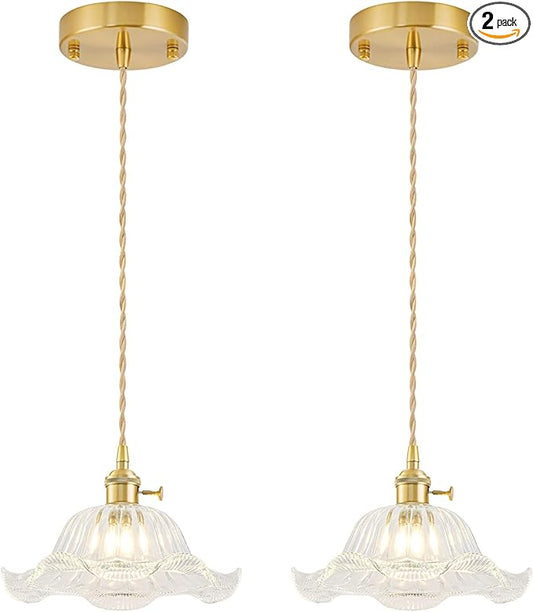 Vintage Pendant Lights Kitchen Island 2 Pack, Adjustable Pendant Light Fixtures with Transparent Lily Glass Lampshade, Gold Kitchen Pendant Lighting Over Island, Pendant Light for Dining Room Hallway