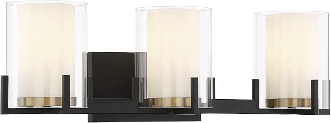 Savoy House 8-1977-3-143 Eaton Traditional Clear/White Opal Chimney Glass Bathroom Vanity, 3-Light 180 Total Watts, 8" H x 24" W, Matte Black & Warm Brass