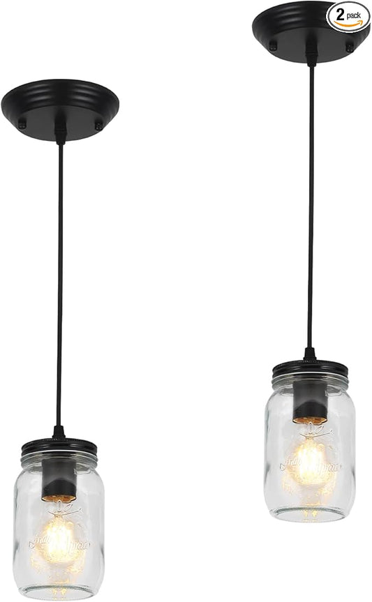 Black Pendant Lights, 2 Pack Clear Glass Pendant Lights Kitchen Island, Farmhouse Mason Jar Pendant Lighting, Mini Hanging Lights for Kitchen Sink Dining Room Bedroom Hallway