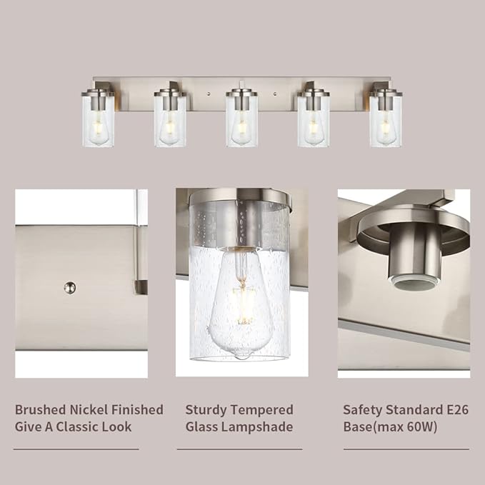 BONLICHT Brushed Nickel Bathroom Light Fixtures 5 Light Modern Vanity Lights Industrial Glass Wall Sconce Farmhouse Bath Lighting Over Mirror Wall Mount for Kitchen Living Room Hallway Workshop