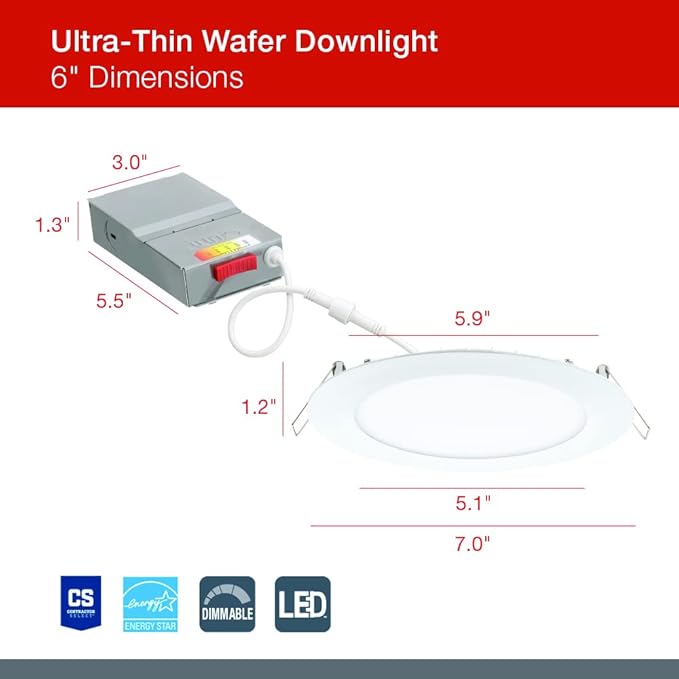 Juno LED Recessed Lights 6 Inch Round Wafer Downlight, 5-in-1 Switchable White Color Temperature, 120 Volts, 6-Inch Ultra-Thin Flat Trim, Matte White (WF6 SWW5 90CRI MW M6)