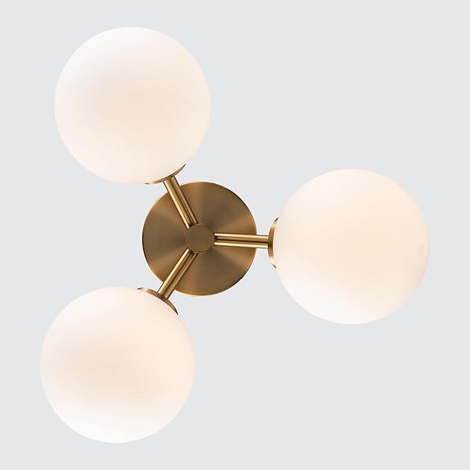 Prismara 16 Inch 3-Light Ceiling Light | Antique Gold Finish with Opal Glass Shades | Uses 3 E-12 Candelabra Base Dimmable Bulbs | Modern Flush Mount Light (Gold)