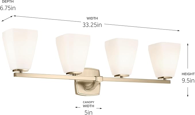 Kichler Marant 4-Light Bathroom Vanity Light Fixture with Opal Glass, 33.25" Modern Wall Mount Lighting Over Mirror in Champagne Bronze for Powder Room (33.25" W x 9.5" H), 55217CPZ