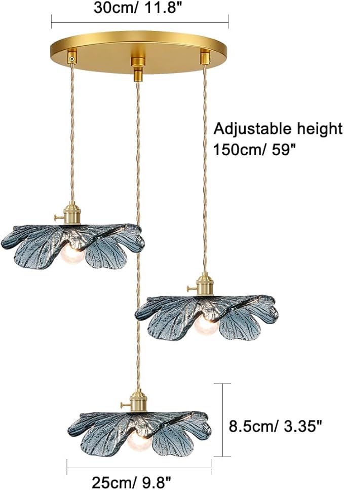 3-Cluster Chandelier Blue Glass Ceiling Pendant Light Fixtures Mid Century Adjustable Gold Brass Chandelier Lighting for Dining Room Living Room Kitchen, E26 Base