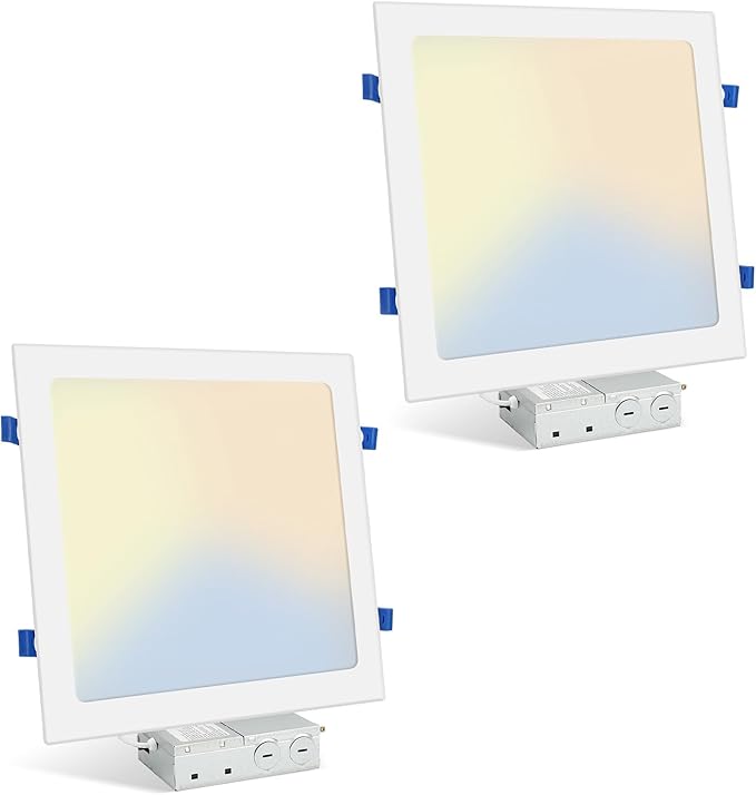 HONZIN 2 Pack 12 Inch Square Recessed Lighting, 5CCT Ultra-Thin LED Downlight, 2700K/3000K/3500K/4000K/5000K Selectable, Dimmable, 24W, IC Rated Canless Ceiling Lights with Junction Box, White Trim