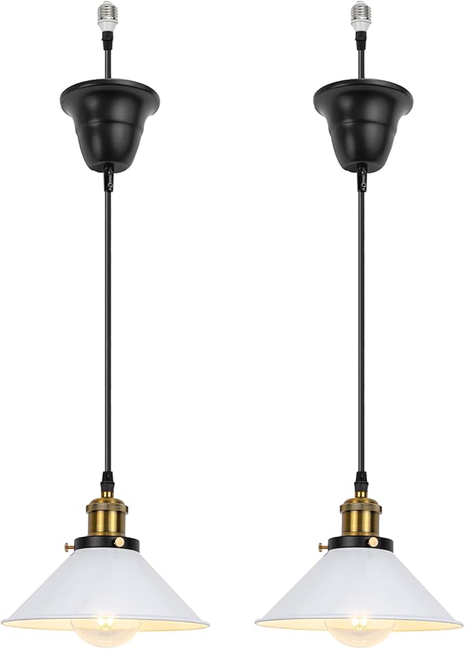 2 Pcs Ceiling Lights Conversion Pendant E26 Base Connections Adjusted Wire Length Cone Metal White Lampshade Industrial Style Conversion Kit for E26 Ceiling Lamp Fixtures