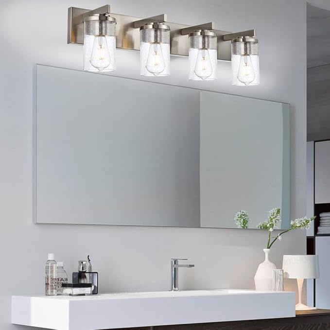 BONLICHT 4-Light Bathroom Light Fixtures Brushed Nickel Wall Sconce Lighting Modern Vanity Lights with Seeded Glass, Industrial Bathroom Farmhouse Wall Lamp for Mirror Kitchen Bedroom Living Room