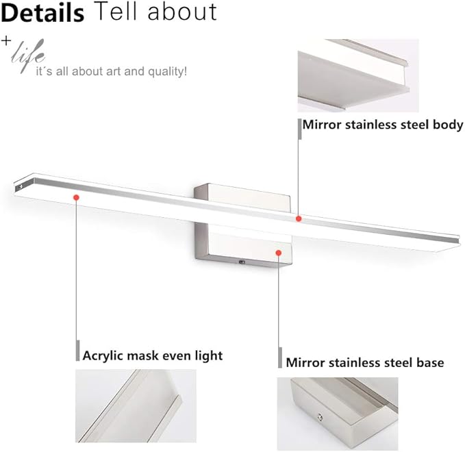 Modern Vanity Light Bar 16W Over Mirror Lights Fixtures for Bathroom Indoor LED Bath Vanity Light Chrome Bathroom Lighting Acrylic Wall Lights Fixtures for Restroom Bedroom Living Room 6000K