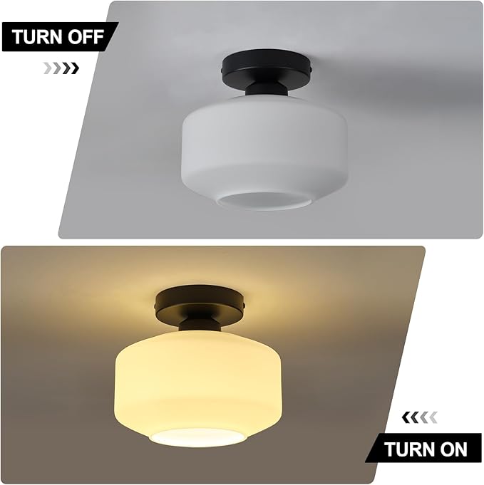 TeHenoo Milk White Glass Ceiling Light Fixture,8.6 inch, Matte Black Base,Modern Semi Flush Mount Light for Hallway, Entryway,Kitchen