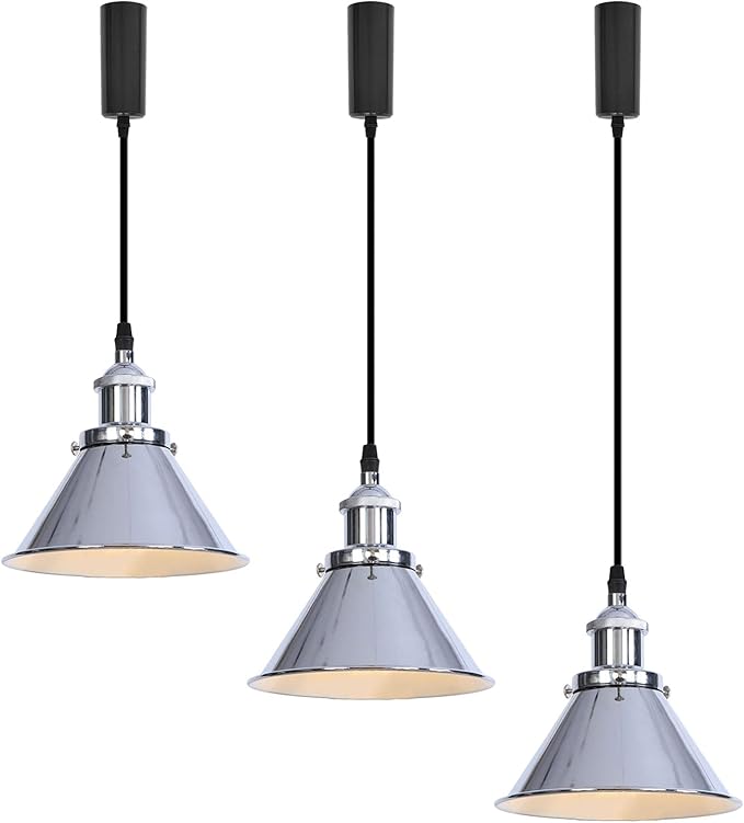 3-Pack Adjusted Wire Length H-Type Track Hanging Light 3.9 Ft Black Cord E26 Base Silver Metal Pendant Light Fixture,Industrial Lamp for Loft Aisle Balcony(No Bulb,No Track)