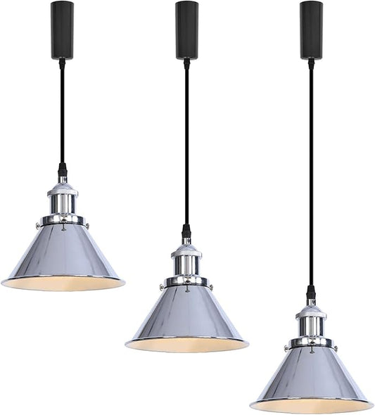 3-Pack Adjusted Wire Length H-Type Track Hanging Light 3.9 Ft Black Cord E26 Base Silver Metal Pendant Light Fixture,Industrial Lamp for Loft Aisle Balcony(No Bulb,No Track)