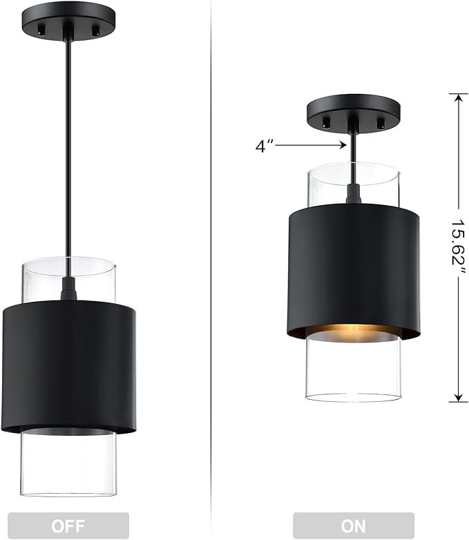 1 Light Hanging Indoor Kitchen Island Pendant Light 6" Drum Glass Shade Pendant Ceiling Light Fixtures Modern Farmhouse Dinning Over Sink (Black Finish, 1 Pack)