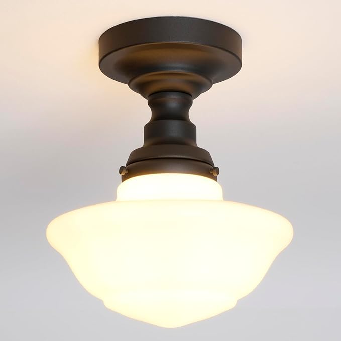 Modern Schoolhouse Semi Flush Mount Ceiling Light with Milk White Glass Lampshade, Industrial Close to Ceiling Light Fixture for Farmhouse Bedroom Hallway Entryway