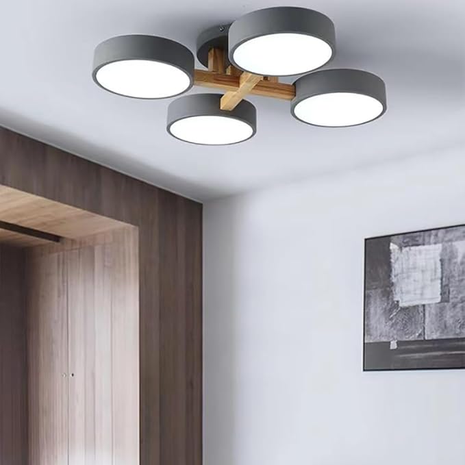 LED Ceiling Light Fixture,24 Inch 4-Lights Modern Ceiling Lights Flush Mount Wooden 44W Chandelier for Living Room Bedroom Kitchen,Dimmable 3000K/4000K/6000K Temperatures Selectable, Grey