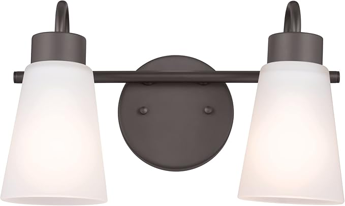 Kichler Erma 2-Light Bathroom Vanity Light Fixture with Satin Etched Glass Shades, Updated Traditional Wall Sconce in Olde Bronze for Mirror (13.5" x 8.5" x 6"), 55125OZ