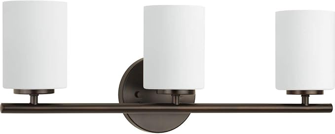 Progress Lighting Replay Collection 3 Light Bathroom Vanity Light, Modern Bath Lighting Fixture with Etched White Glass Shades for Over the Mirror, Reversible Mounting, Antique Bronze