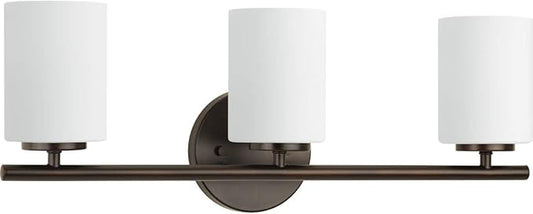 Progress Lighting Replay Collection 3 Light Bathroom Vanity Light, Modern Bath Lighting Fixture with Etched White Glass Shades for Over the Mirror, Reversible Mounting, Antique Bronze