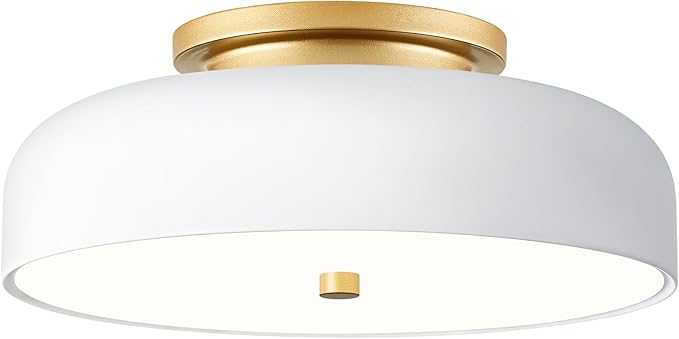 Dimmable LED Ceiling Light, White and Gold Light Fixture, Mid-Century Semi Flush Mount Ceiling Light 5CCT 2700K-6000K Ceiling Lamp for Laundry Room Kitchen, Bedroom, Hallway(11.8in)