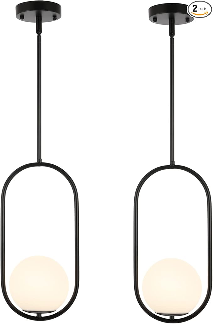 BYOLIIMA Modern Globe Pendant Light Mid Century Chandelier 1-Light Matte Black Ceiling Hanging Lighting Fixture with White Globe Glass Lampshade for Kitchen Island Dining Room Bedroom (2 Pack)