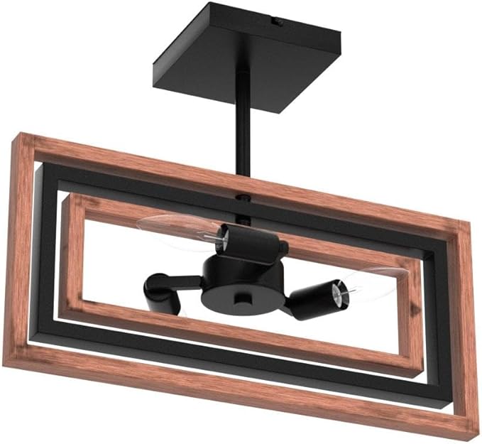 Industrial Rectangle Flush Mount Ceiling Light,Rotatable Metal Frame,Rustic Retro Vintage Farmhouse Light Fixture for Dining Living Room Bedroom Passway Kitchen Hallway Entryway,Faux-Wood Color Finish