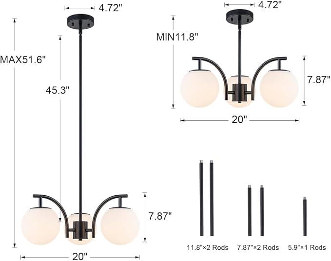 Black 3 Light Globe Chandelier Modern Sputnik Hanging Light Milk Glass Pendant Light Fixture for High Ceiling Kitchen Bedroom Dining Living Room