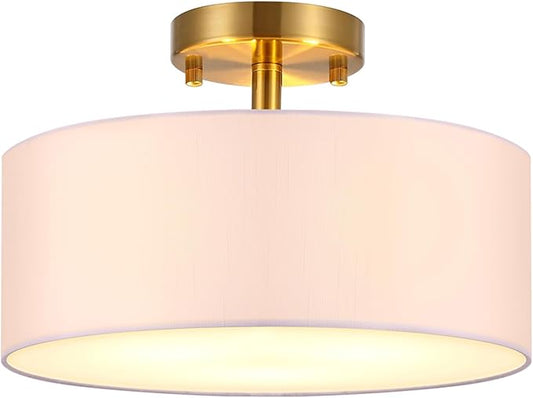 15 Inch Drum Light, Semi-Flush Mount Ceiling Light Fixture White Fabric Drum Shade and Gold Plating Finish,Ceiling lamp for Bedroom, Dining Room, Corridor, Living Room