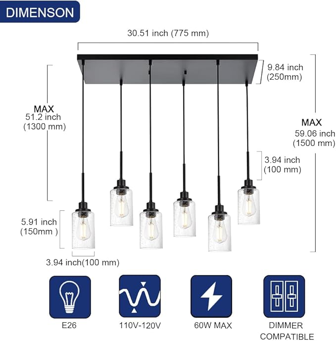 TODOLUZ 6-Lights Black Kitchen Island Light, Linear Pendant Lighting Fixtures with Seeded Glass, Farmhouse Dining Room Chandelier Hanging Lights for Restaurant Living Room