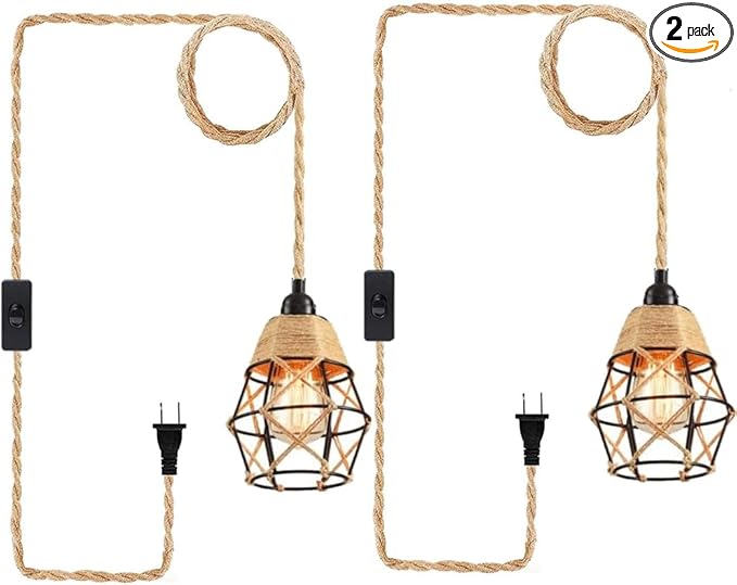 Industrial Hanging Light with Plug in Cord - Hemp Rope On/Off Switch Farmhouse Pendant Light for Dining Room