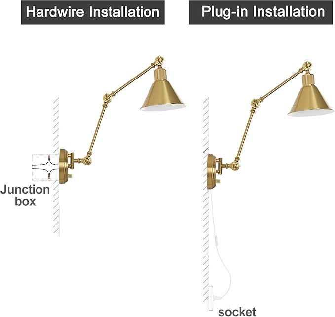 TRLIFE Wall Sconces Plug in, Dimmable Wall Sconces Brushed Brass Swing Arm Wall Lights Plug in Wall Mounted Light Industrial Wall Lights with 6FT Plug in Cord, E26 Base, UL Listed(2 Pack, 2 Bulbs)