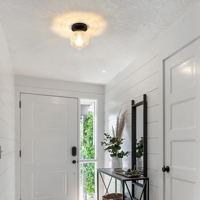 DSMJFU Black Semi Flush Mount Ceiling Light, Small Hallway Light Fixture, Vintage Close to Ceiling Light Fixture for Bathroom, Entryway, Foyer, Closet