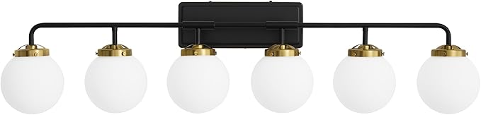 Black Gold Bathroom Light Fixtures Over Mirror, Modern Vanity Lighting with Milk White Glass Globe Shades 6-Light Farmhouse Wall Sconce