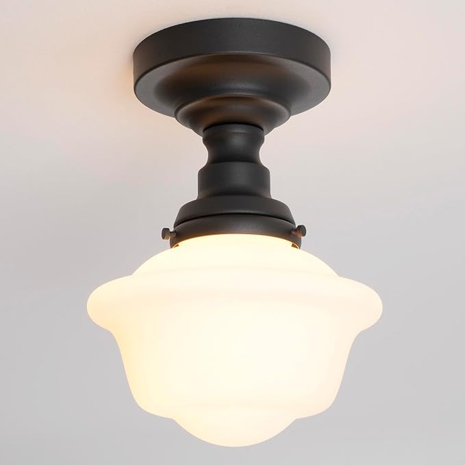 Schoolhouse Semi Flush Mount Ceiling Light,Black Close to Ceiling Light Fixtures with Milky White Glass Modern Farmhouse Hallway Ceiling Lamp for Laundry Kitchen Entryway Bathroom E26