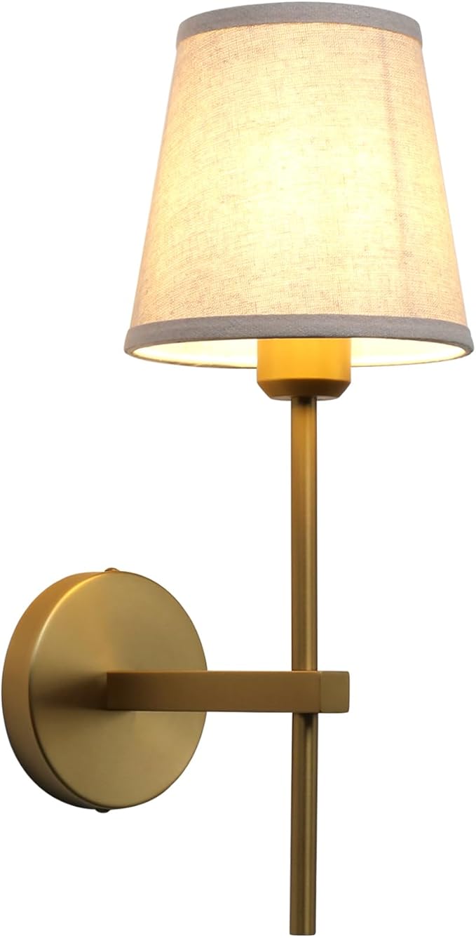 Vintage Wall Sconce with Linen Fabric Shade, E26 Bathroom Vanity Light, Hardwired Indoor 1-Light Wall Mounted Lamp for Hallway Bedside Nightstand Light