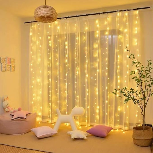 200 LED Warm White Curtain Light for Party/Wedding/Festival/Christmas,Window Blinking String Light for Bedroom/Living Room,USB Plug with 8 Modes(Battery not Included)