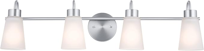 Kichler Erma 4-Light Bathroom Vanity Light Fixture with Satin Etched Glass Shades, Brushed Nickel Wall Mount over Mirror Lighting for Bathroom Vanity (32.5" x 8.5" x 6"), 55127NI