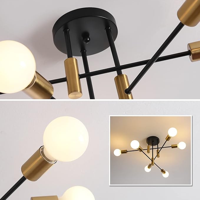 Garwarm Ceiling Light Fixture, 6-Lights Black and Gold Mid Century Semi Flush Mount Ceiling Light,Modern Sputnik Chandelier for Kitchen Dining Room Bedroom Entryway Hallway
