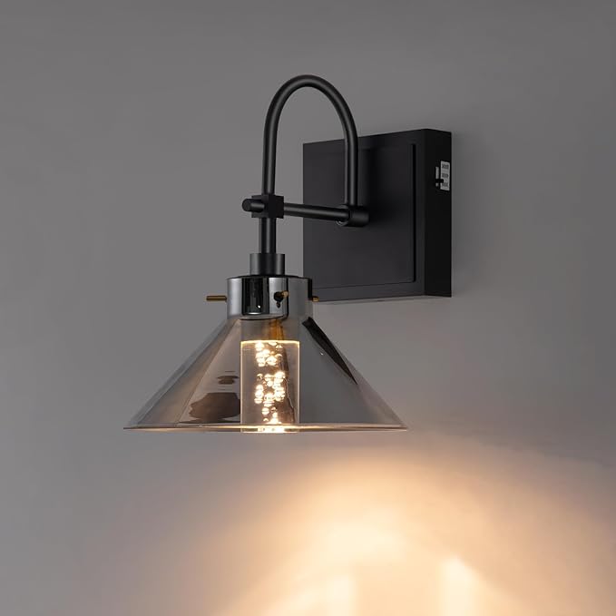 Wall Sconce Hardwired, Modern LED Black Wall Lamp, 6W 3 Color Temperatures 3000K-4000K-6000K, Wall Light Fixture with Smoked Gray Glass Shade for Bathroom Bedroom Living Room