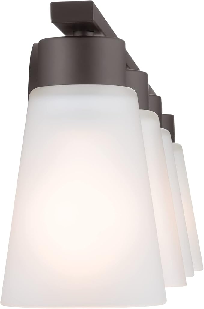 Kichler Stamos 4-Light Bathroom Vanity Light with Satch Etched Glass Shades, 26" Modern Wall Light in Olde Bronze®, (26" x 8" x 5")