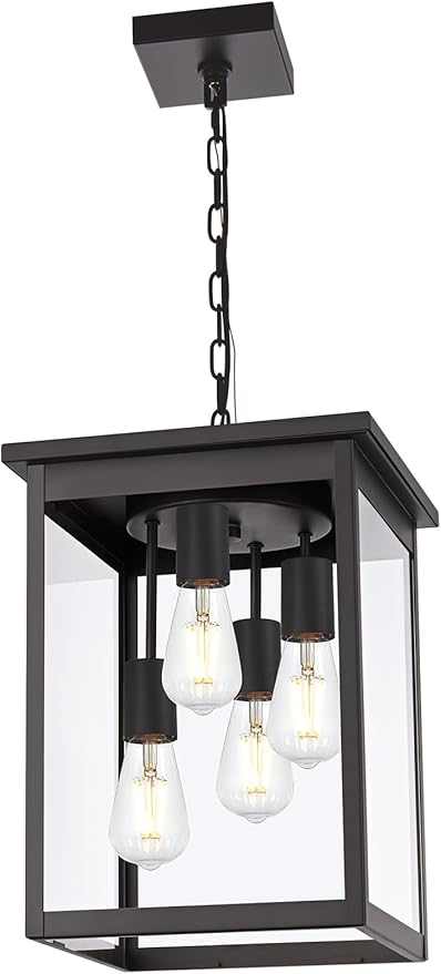 Yaohong Large Outdoor Pendant Lights for Porch, 4-Lights Black Exterior Pendant Light with Clear Glass, Outdoor Porch Light Ceiling Mount Outdoor Hanging Light Fixture for Gazebo, Patio, Entryway