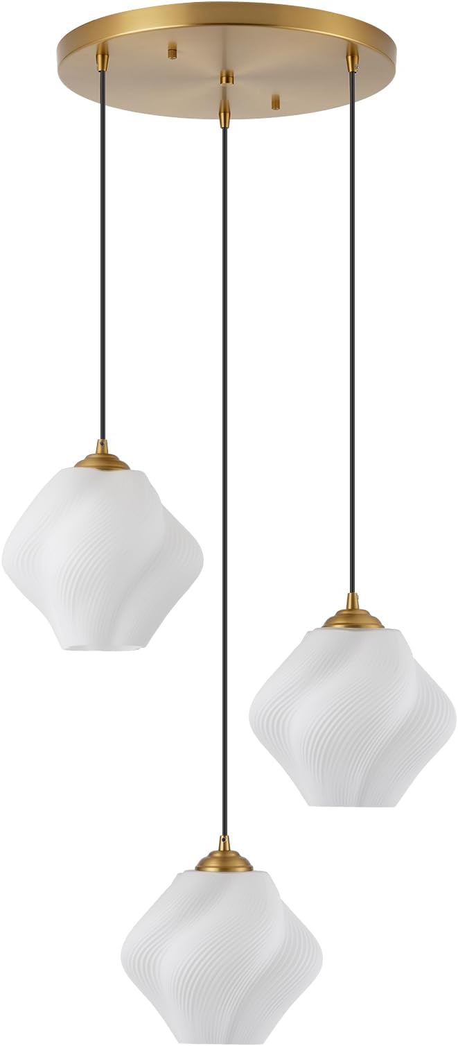 3-Light Cluster Pendant Lights, Mid Century Modern Cluster Chandelier with Milk White Glass, Brass Gold Pendant Lighting for High Ceiling, Kitchen Island, Staircase, Dining Room, Living Room