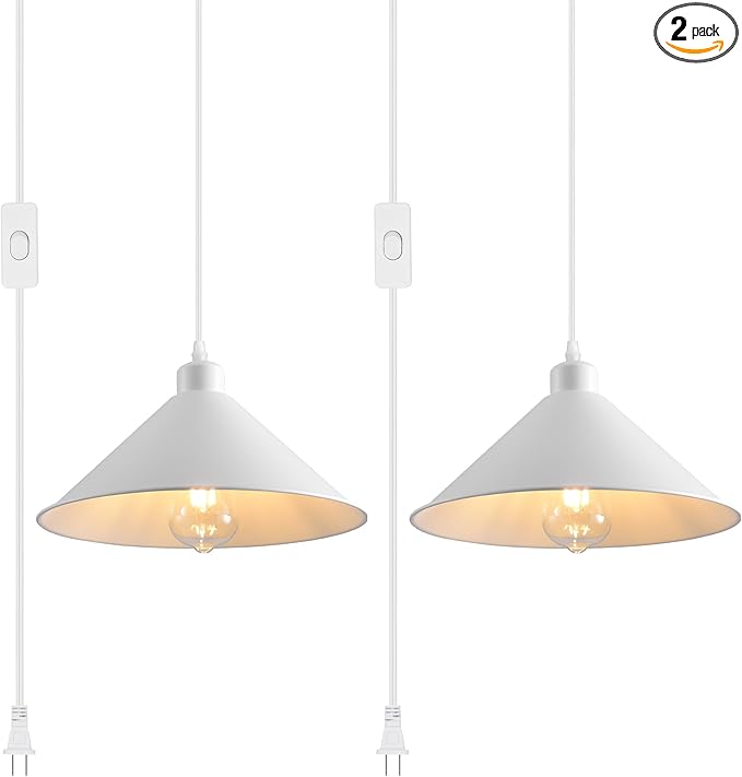 11.8IN Plug in Pendant Light 2 Pack Industrial Hanging Lamp White Vintage Pendant Lighting Fixtures with 15ft Cord On/Off Switch for Kitchen Island Dinning