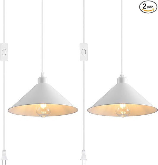 11.8IN Plug in Pendant Light 2 Pack Industrial Hanging Lamp White Vintage Pendant Lighting Fixtures with 15ft Cord On/Off Switch for Kitchen Island Dinning